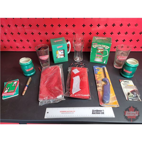 Grouping: Pilsner Beer Steins; Peterbilt Drinking Glasses; BBQ Lighter; Pilsner Flat; etc