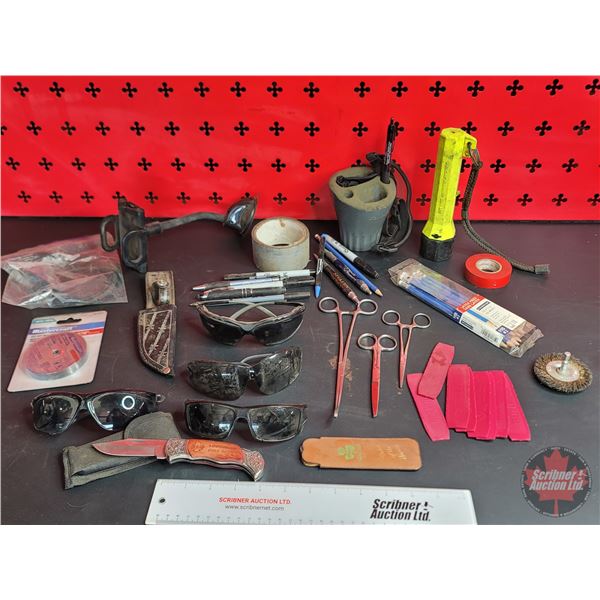 Grouping: Safety Glasses; Forceps; Pencils; Lock Blade Knife; Cut Off Wheels; etc