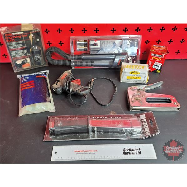Grouping: Snake Light; Hammer Tacker; Glue Gun; Staple Gun; Glue Sticks; Staples