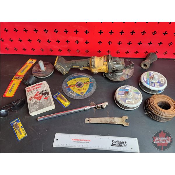 Grouping: 60v Dewalt Cordless Angle Grinder 4-1/2" ; Metal Cut Off Discs; Tire Guage; Mechanics Wire