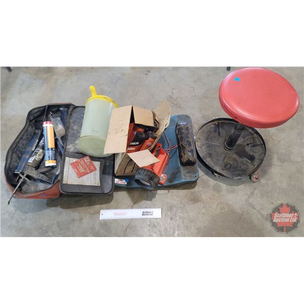 Combo: Contoured Creeper; Tubes of Grease; Grease Guns; In-Line Fuel Filter; 4.5L Oil Jug; Flashligh