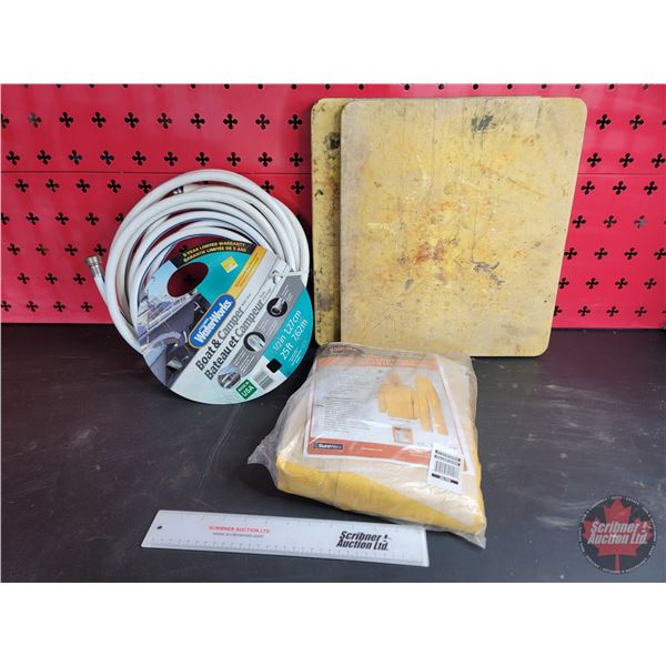 Grouping: 3pcs Rain Suit (XL) (Unused in Orig Pkg) ; 25ft Boat & Camper Hose (Unused) ; 2 Dolly Jack