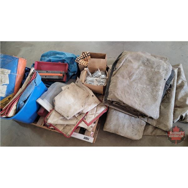 Grouping: Truck Tarps; Steel Hauling Tarps 20"x16" (2) ; Pipe Clamps; Road Tarp; Weatherfronts for P