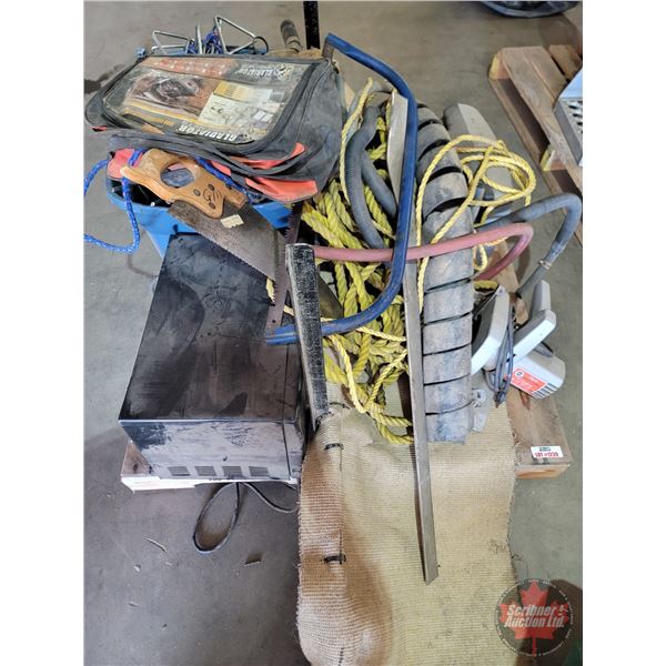 Grouping: Microwave; Limb Saw; Screw-In Tie Down Stakes; Circular Saw; Rope; VHS Movies; DVD's; Carg