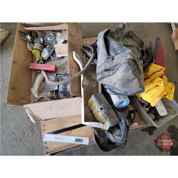 Pallet Lot ~ Grouping : Load Flags; Rain Suit; Peterbilt Steering Wheel; Chrome Light Bezels; Sirius