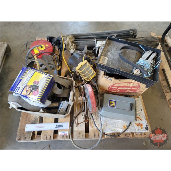 Pallet Lot ~ Grouping: Stock Tank De-icers; Tarp Straps; Worklights; Electric Motors; Bundle of Brow