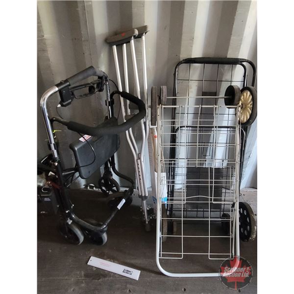 Grouping: Evolution Walker; 2 Wire Wheel Carts; Crutches; Grab Bar