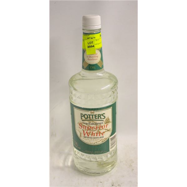 POTTERS 1.14L WHITE RUM 40% ALCOHOL