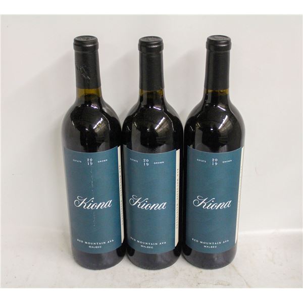 LOT OF 3 BOTTLES OF 2019 KIONA MALBEC 14.5% 750ML