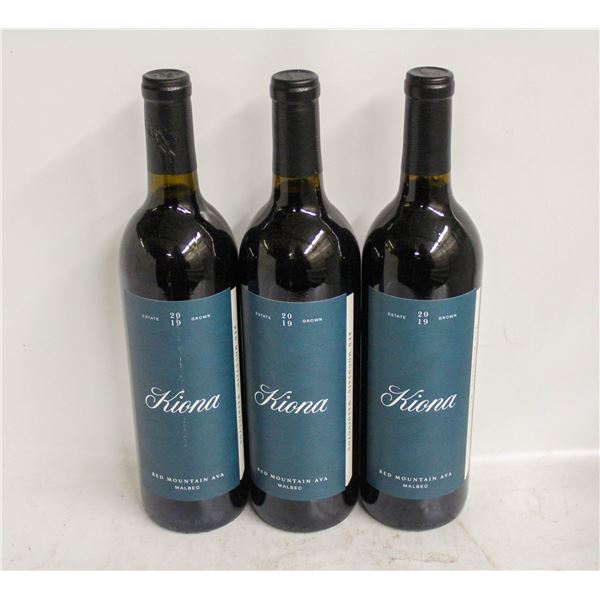 LOT OF 3 BOTTLES OF 2019 KIONA MALBEC 14.5% 750ML