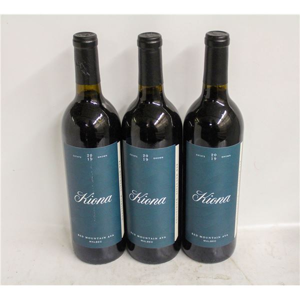 LOT OF 3 BOTTLES OF 2019 KIONA MALBEC 14.5% 750ML