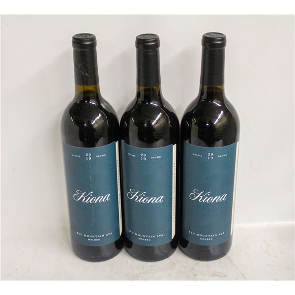 LOT OF 3 BOTTLES OF 2019 KIONA MALBEC 14.5% 750ML