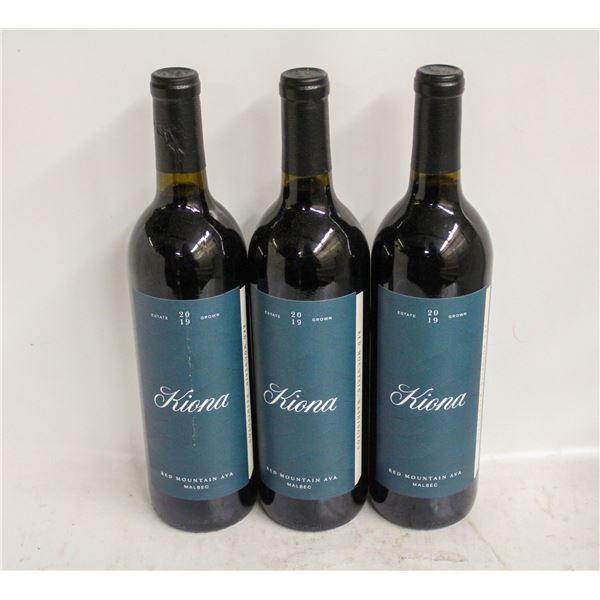 LOT OF 3 BOTTLES OF 2019 KIONA MALBEC 14.5% 750ML