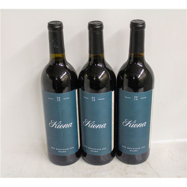 LOT OF 3 BOTTLES OF 2019 KIONA MALBEC 14.5% 750ML