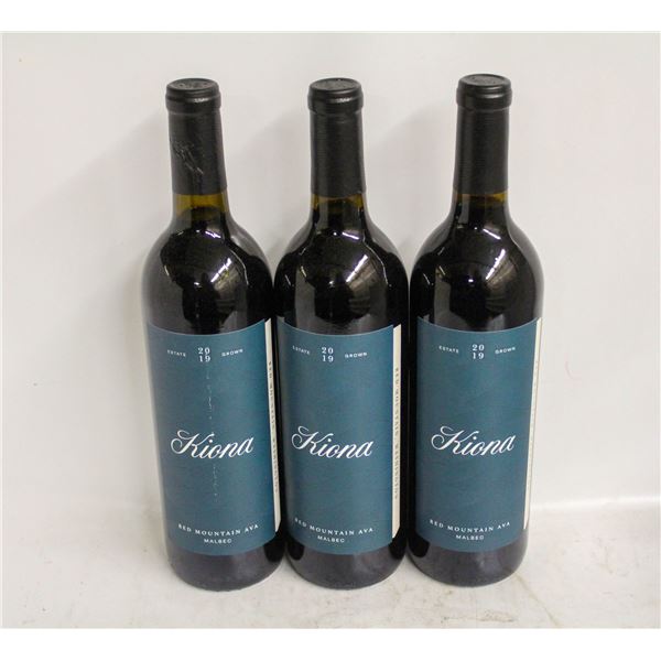 LOT OF 3 BOTTLES OF 2019 KIONA MALBEC 14.5% 750ML