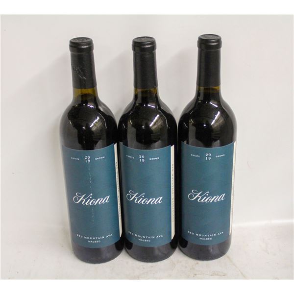 LOT OF 3 BOTTLES OF 2019 KIONA MALBEC 14.5% 750ML
