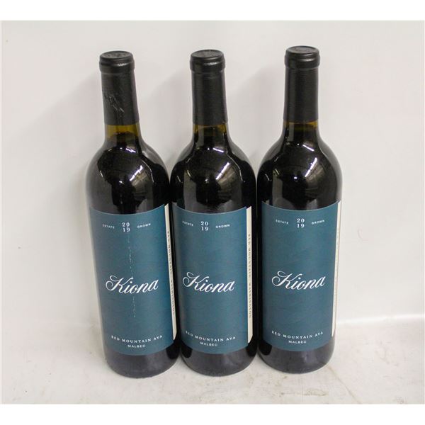LOT OF 3 BOTTLES OF 2019 KIONA MALBEC 14.5% 750ML