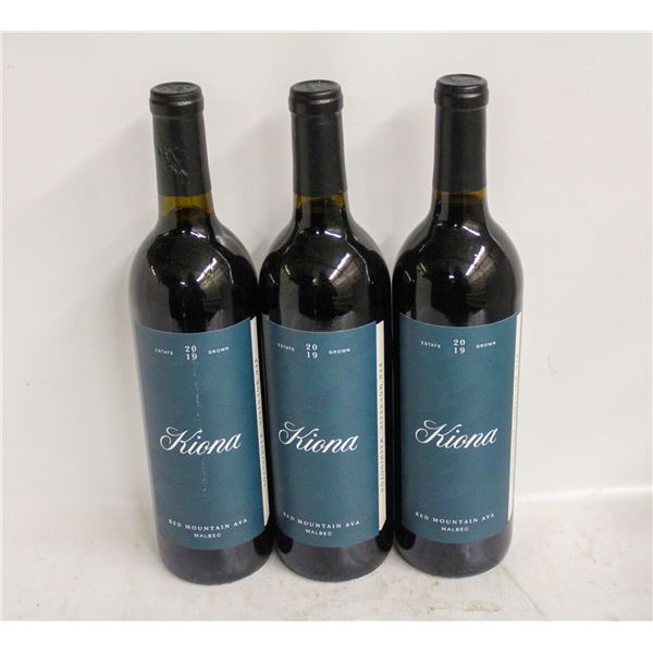 LOT OF 3 BOTTLES OF 2019 KIONA MALBEC 14.5% 750ML