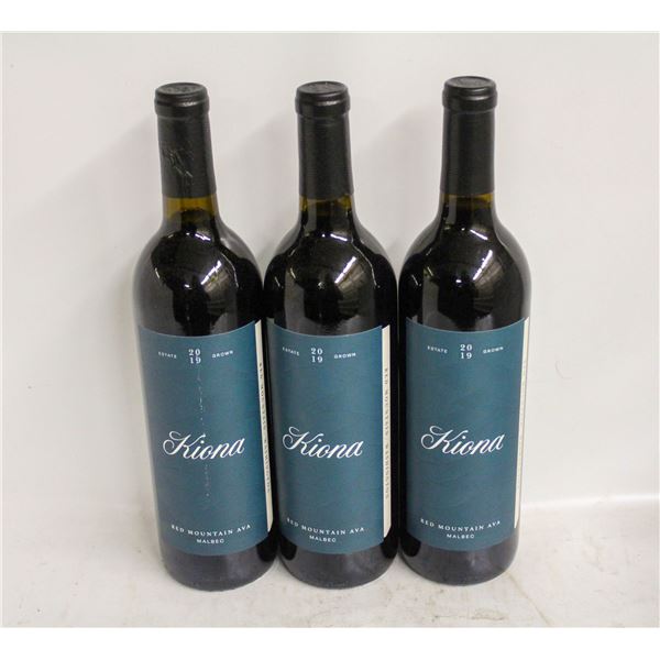 LOT OF 3 BOTTLES OF 2019 KIONA MALBEC 14.5% 750ML