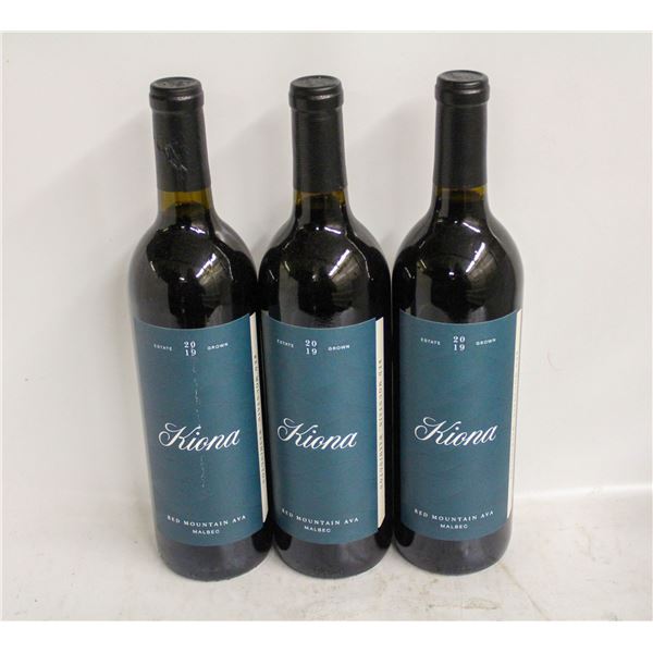 LOT OF 3 BOTTLES OF 2019 KIONA MALBEC 14.5% 750ML