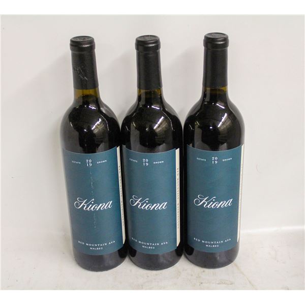 LOT OF 3 BOTTLES OF 2019 KIONA MALBEC 14.5% 750ML