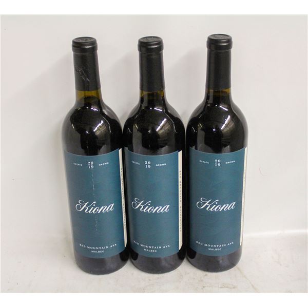 LOT OF 3 BOTTLES OF 2019 KIONA MALBEC 14.5% 750ML