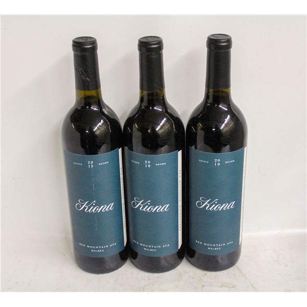 LOT OF 3 BOTTLES OF 2019 KIONA MALBEC 14.5% 750ML