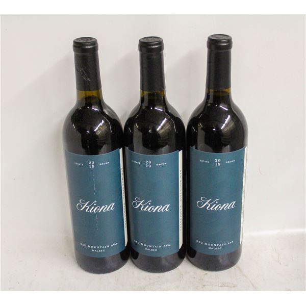 LOT OF 3 BOTTLES OF 2019 KIONA MALBEC 14.5% 750ML