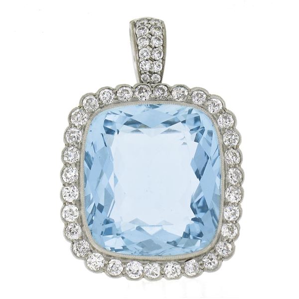 Platinum 38.9 ctw GIA Cushion Cut Aquamarine Diamond Pin Brooch Enhancer Pendant