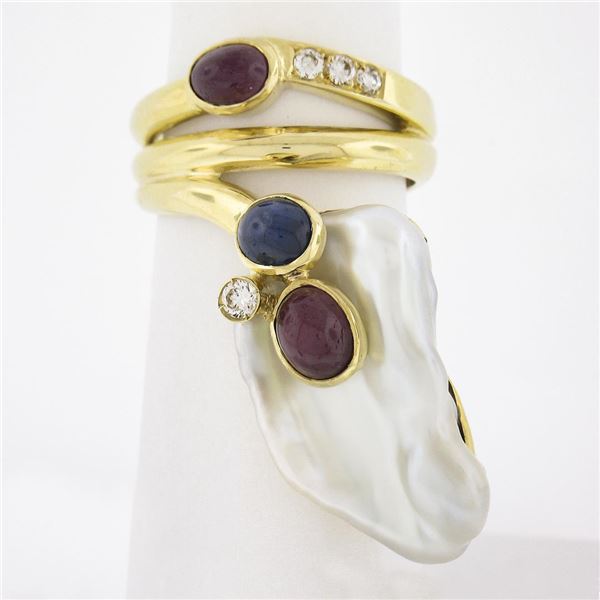 14k Yellow Gold Baroque Pearl w/ Diamond, Cabochon Ruby & Sapphire Wrap Ring