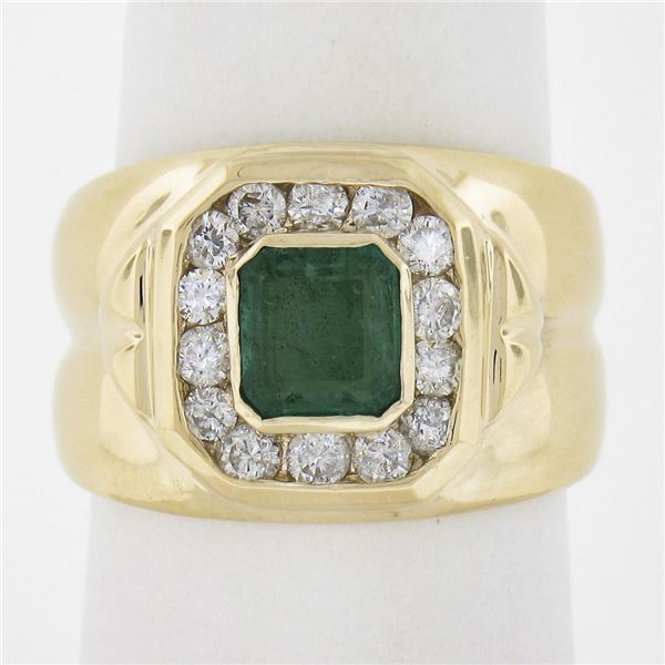 Estate 14k Yellow Gold 1.56 ctw Green Emerald & Channel Set Diamond Wide Band Ri