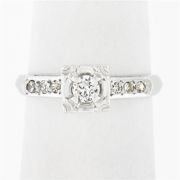 Vintage 14k White Gold 0.24 ctw Illusion Set Round Diamond Engagement Promise Ri