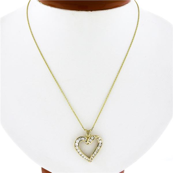 Classic 14K Gold 1 ctw Round Brilliant Diamond Channel Open Heart Pendant & Chai