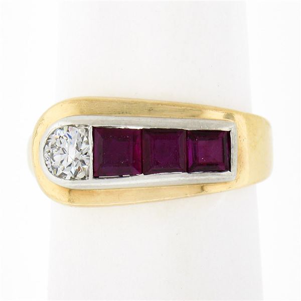 Maurice Tishman Retro 14K Gold & Platinum Diamond & Ruby Buckle Style Band Ring
