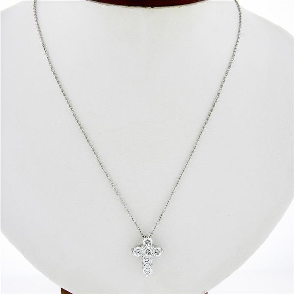 New Platinum 1.53 ctw Shared Prong Round Brilliant Diamond Cross Pendant w/ Chai