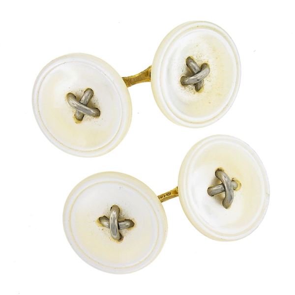 Antique 14k Gold 14.6mm Carved White Mother of Pearl Round Button Cufflinks