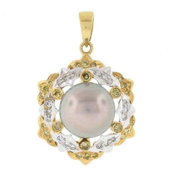 18k TT Gold 11mm Gray Tahitian Pearl w/ 0.66 ctw White & Yellow Diamond Pendant