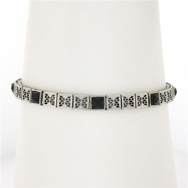 Antique Art Deco 14k Gold Bezel Set Black Onyx Etched Line Filigree Bracelet