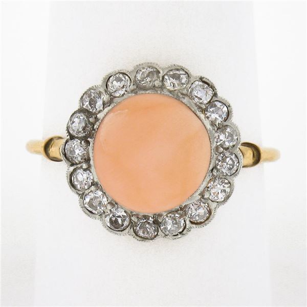 Antique Edwardian 18K Gold Platinum Button Angel Skin Coral w/ Diamond Halo Ring