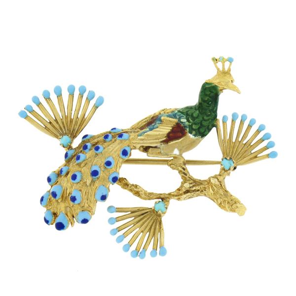 Vintage 18k Yellow Gold Multi Color Enamel Peacock Bird on Branch Pin Brooch