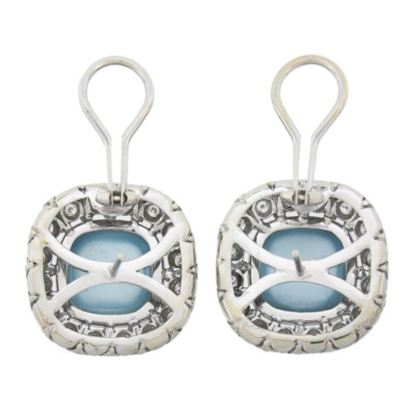 14K White Gold 20 ctw Aquamarine Cushion Cut w/ Diamond Halo Large Button Earrin