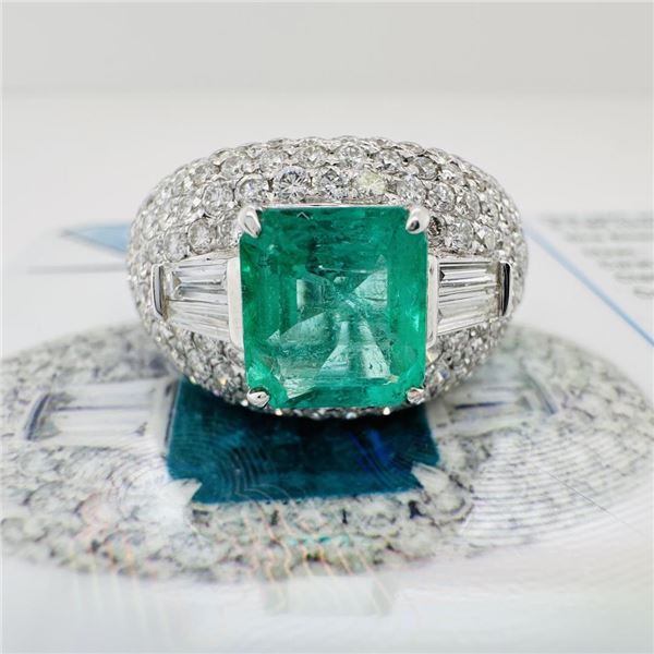 1.61 ctw Emerald and 1.80 ctw Diamond 18K White Gold Dome Ring