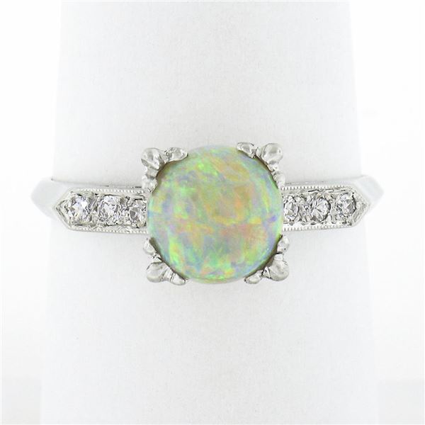 Vintage Platinum 7.6mm Prong Round Cabochon Opal Solitaire Diamond Accents Ring