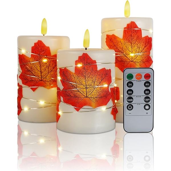 3-Piece LED Flameless Candle Set; Maple Leaf Design w/ Remote Control; Dancing Flame - Brand New
