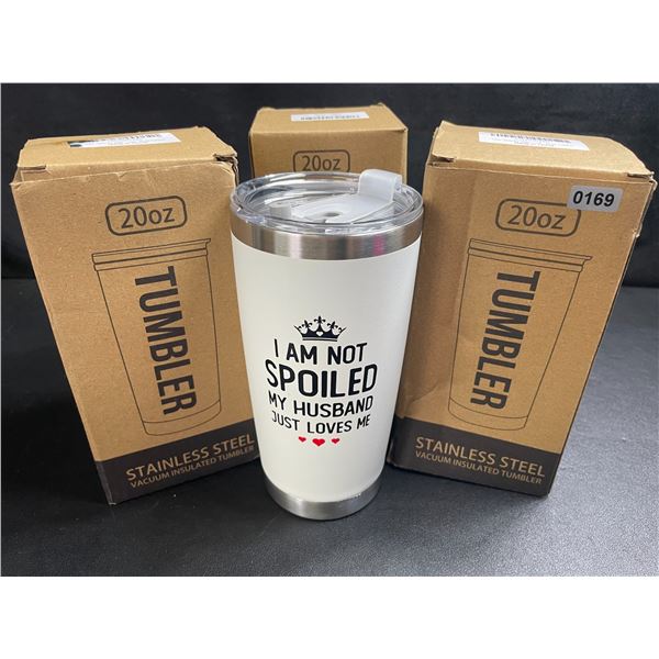 3 Stainless Steel Vacuum Insulated Tumbler Gift Mugs (20oz) "Spoiled Wife" Design - New