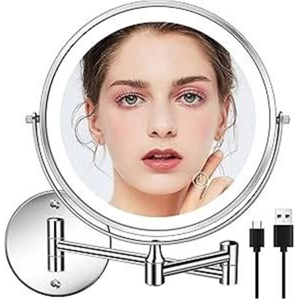 1 Rechargeable 8" LED Lighted Wall Mounted Makeup Mirror; Dual Sided w/ 1X/10X Magnification - NEW