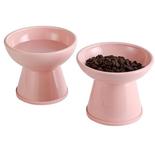 2PC Elevated Ceramic Cat Food/Water Bowls - Ergonomic Pet Feeding Bowls - Pink - New