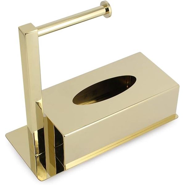 1 Stylish/Modern Gold Rectangular Tissue Box Cover with Toilet Paper Holder for Countertop - New