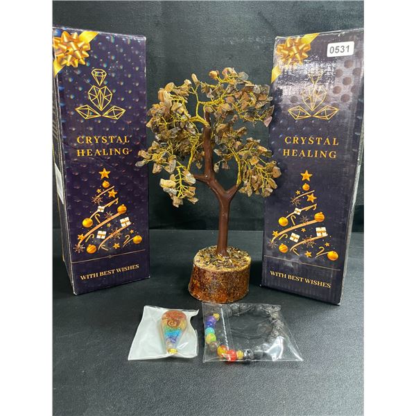 2 Crystal Healing Tiger Eye Tree of Life/Crystal Feng Shui Bonsai Meditation Decor Trees - New