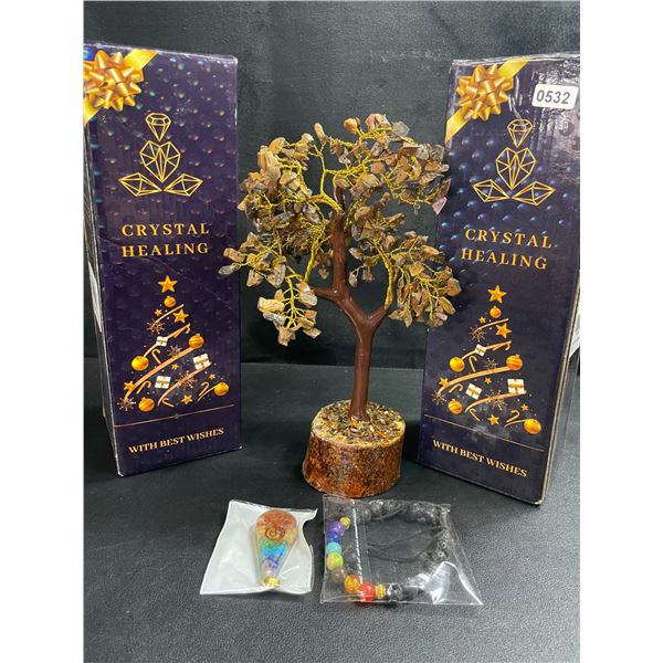 2 Crystal Healing Tiger Eye Tree of Life/Crystal Feng Shui Bonsai Meditation Decor Trees - New